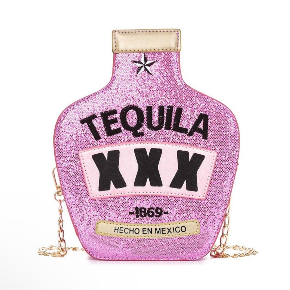 NEW “Tequila” Crossbody Chain Strap Bag Glitter Pink Gold Sparkly Novelty